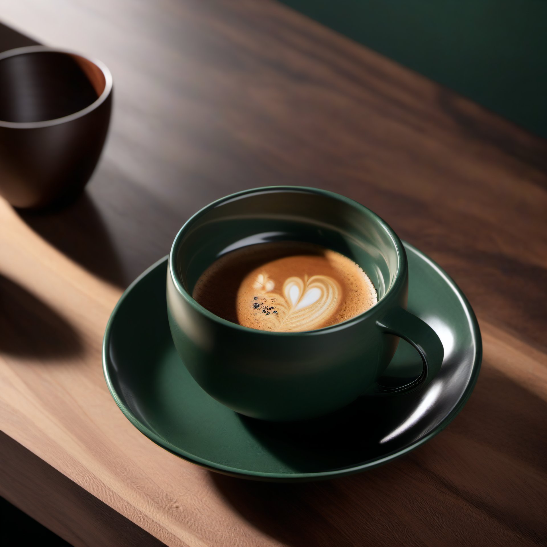 green ceramic coffee cup on wooden table