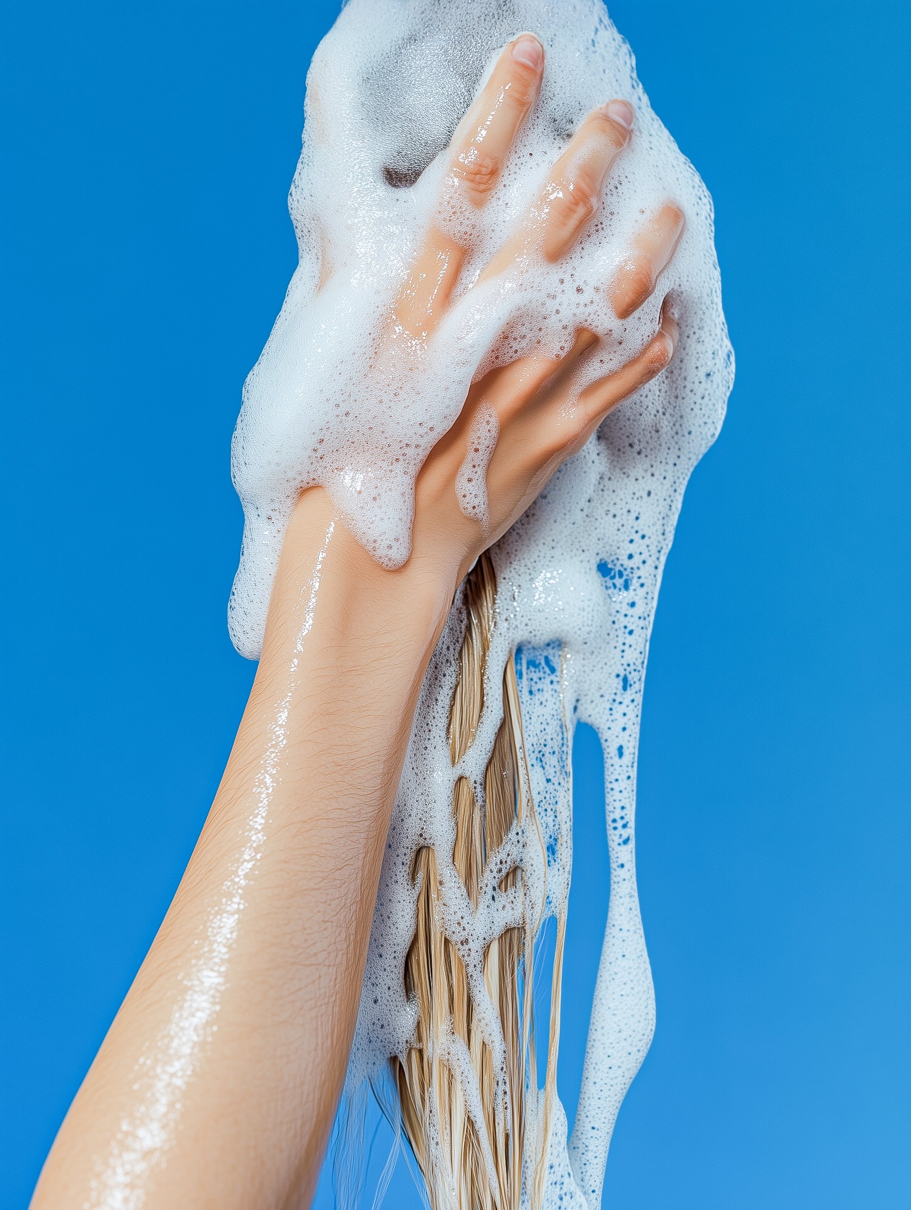 거품 샴푸로 뒤덮인 손