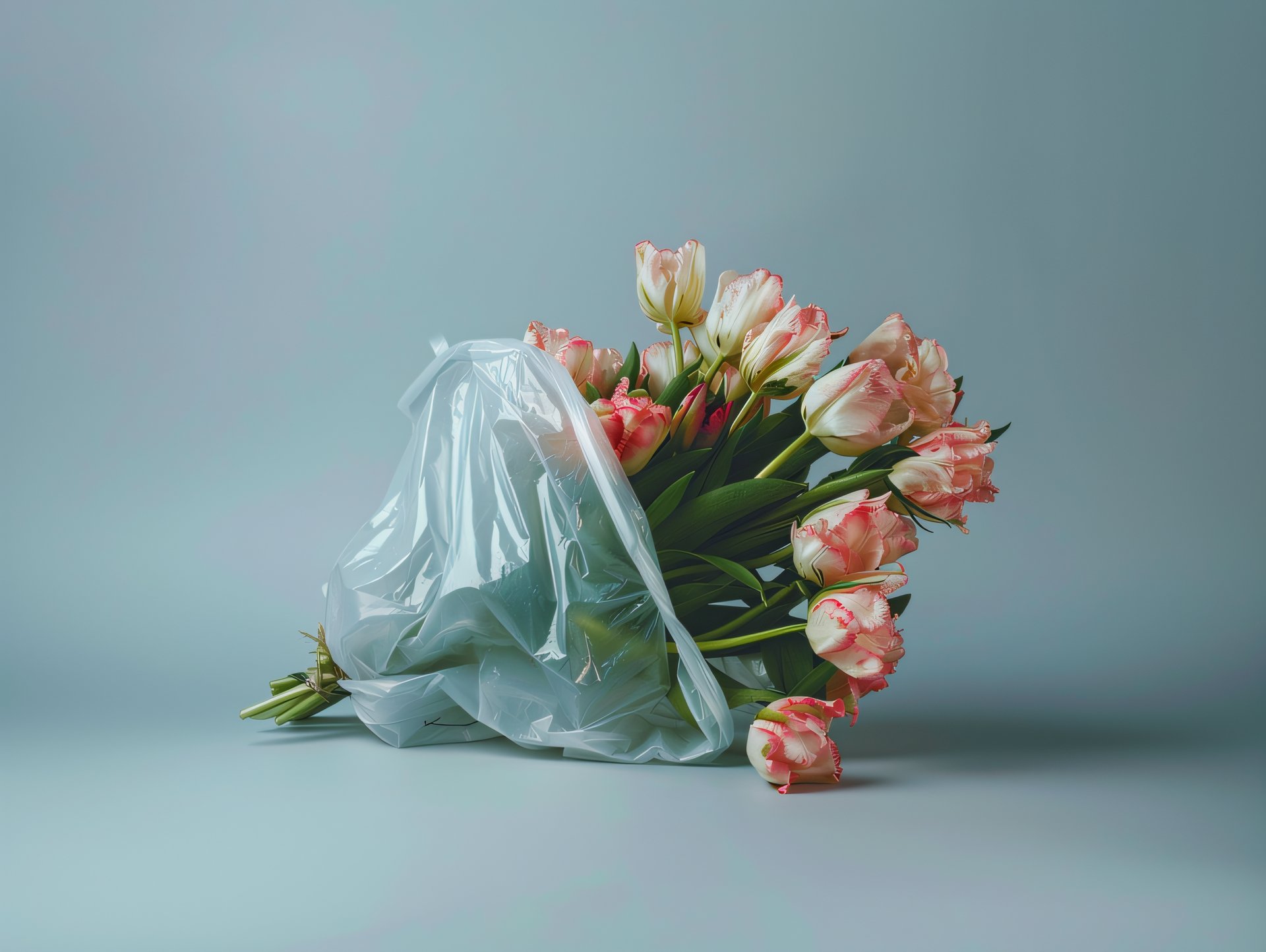 pink flowers in a plastic bag