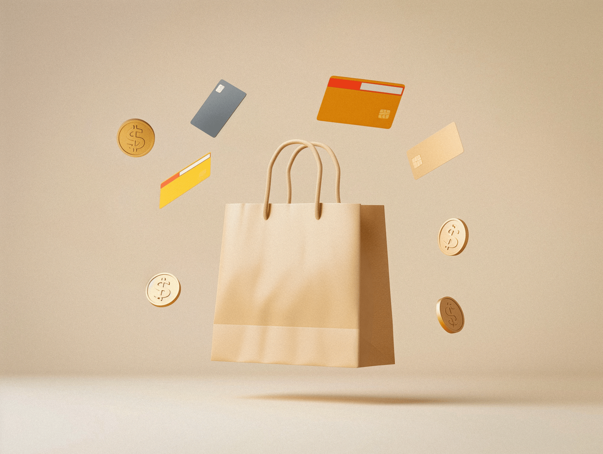 shopping bag with credit cards and coins