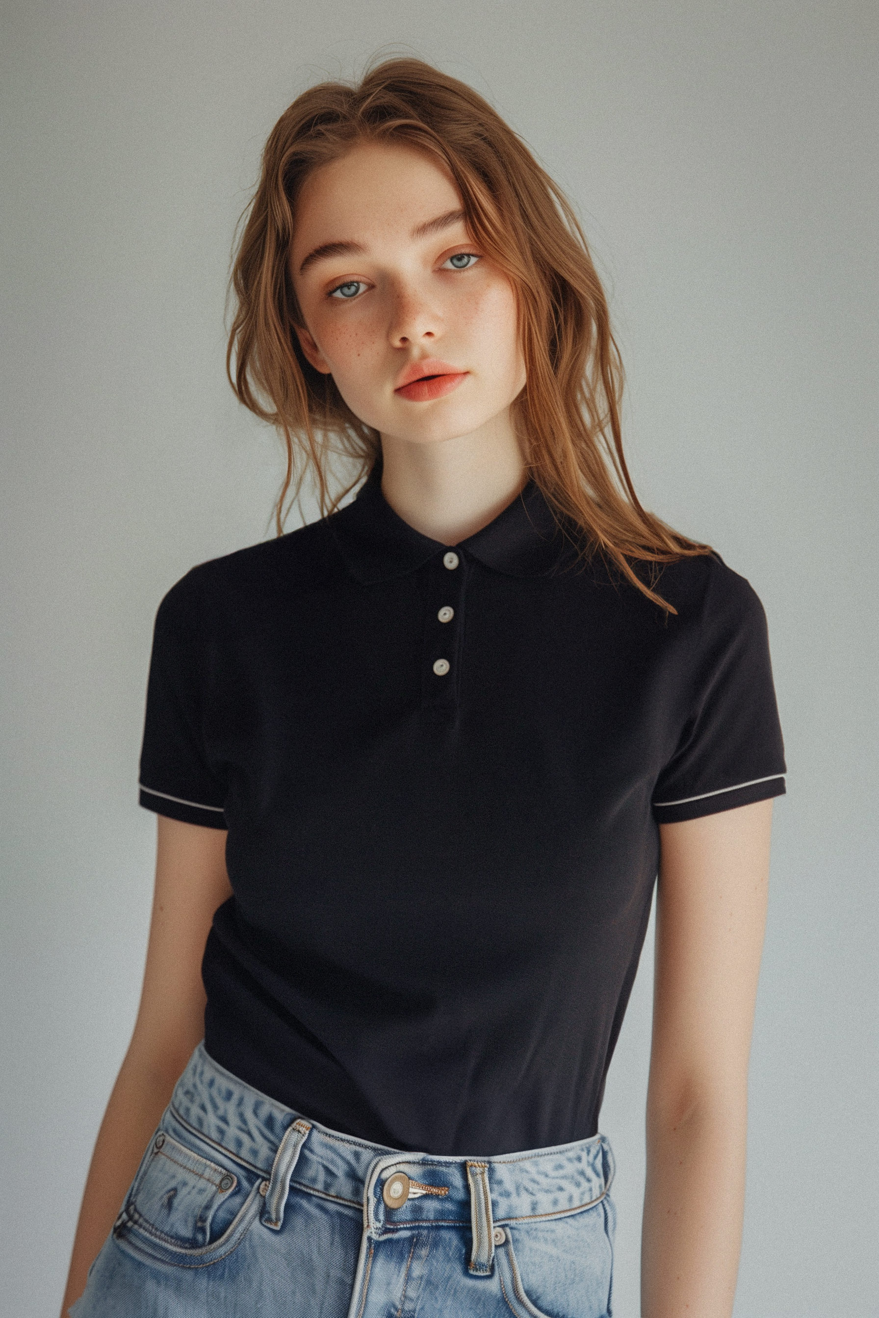 model wearing an black polo shirt