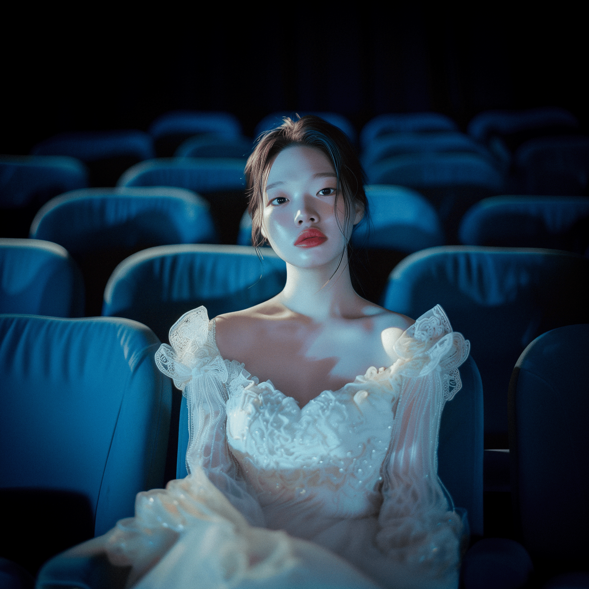 A bride sitting in the empty cinema