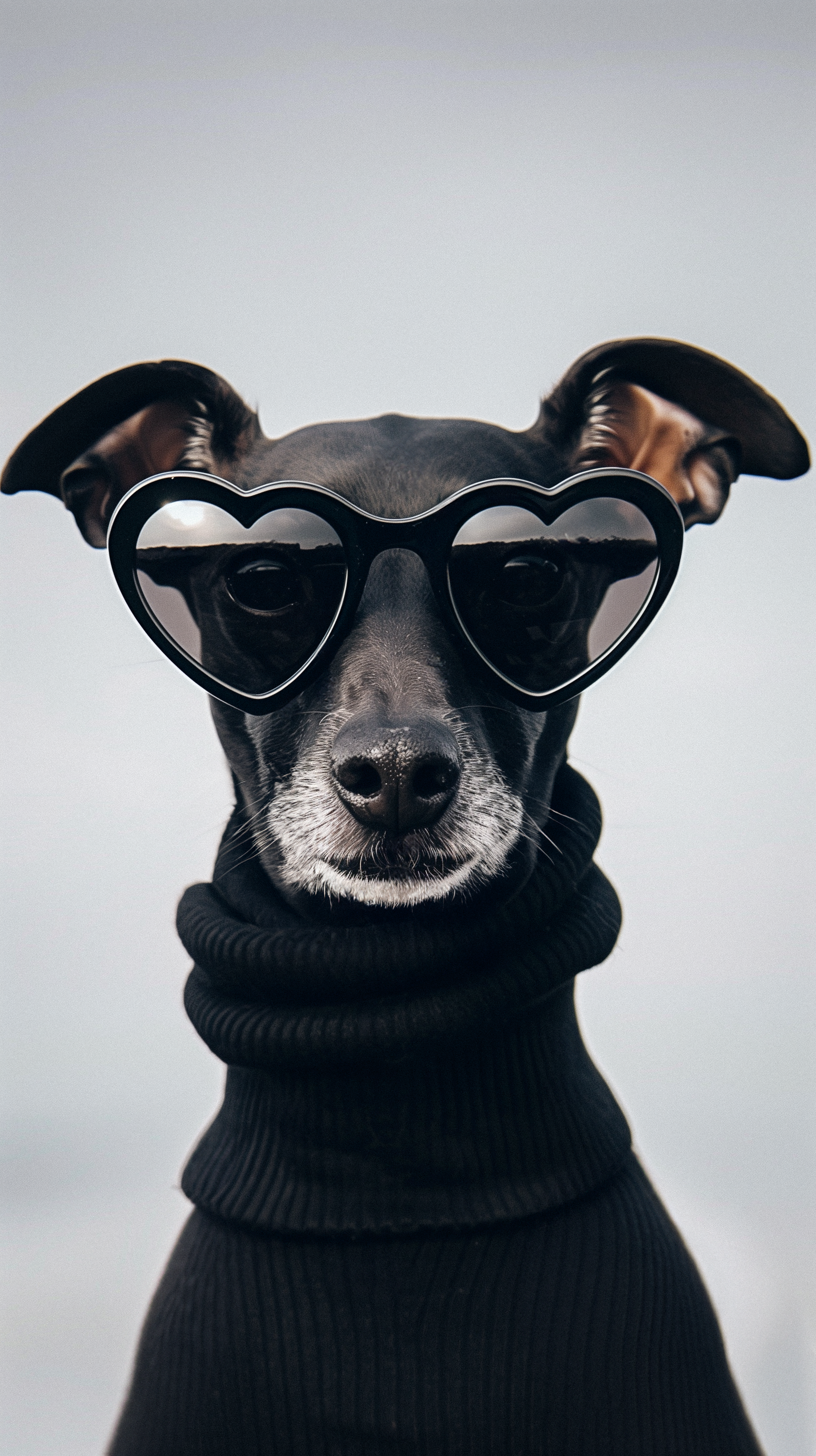 Dog wearing black heart shaped sunglasses