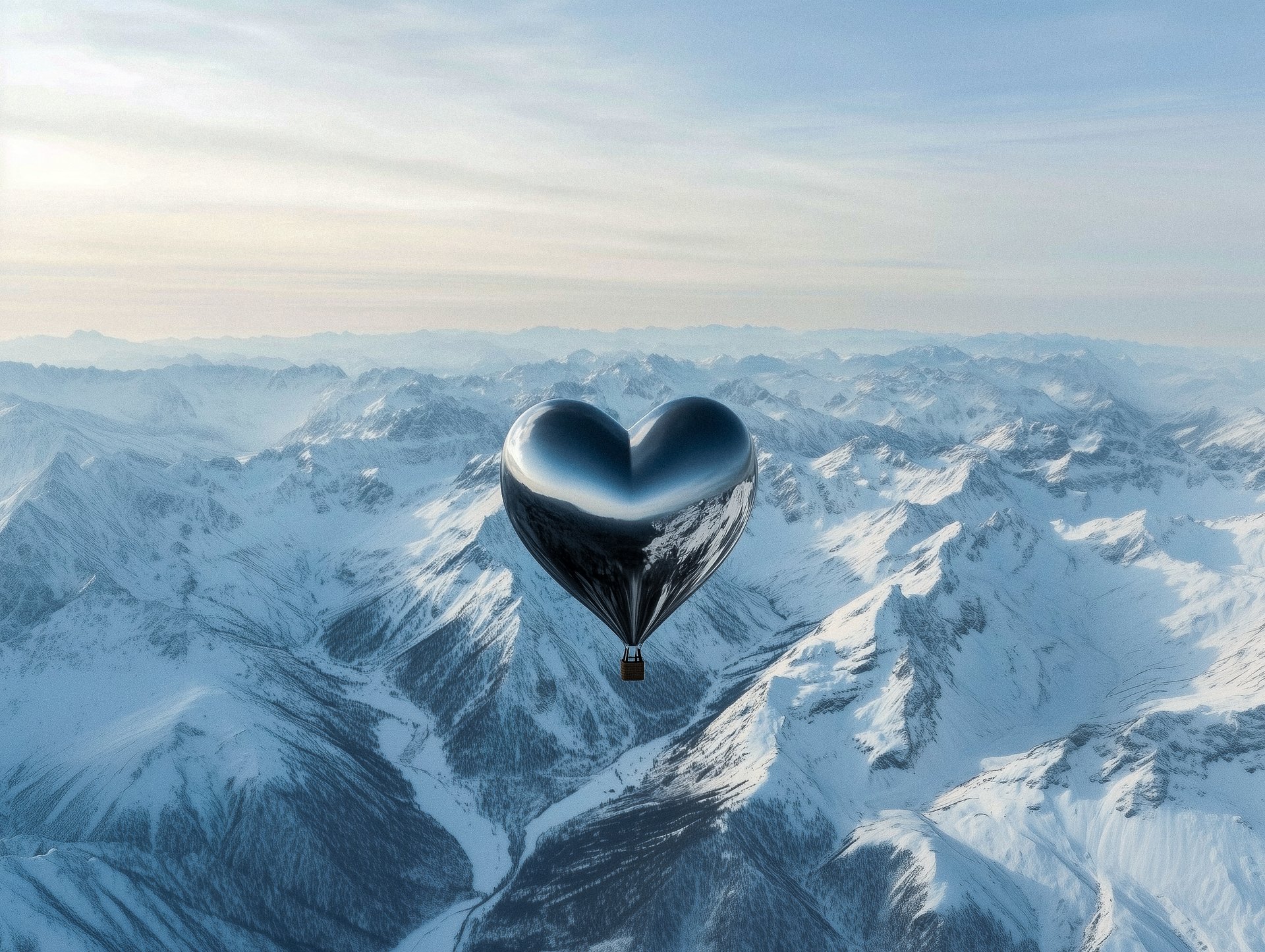 Metallic heart over mountains