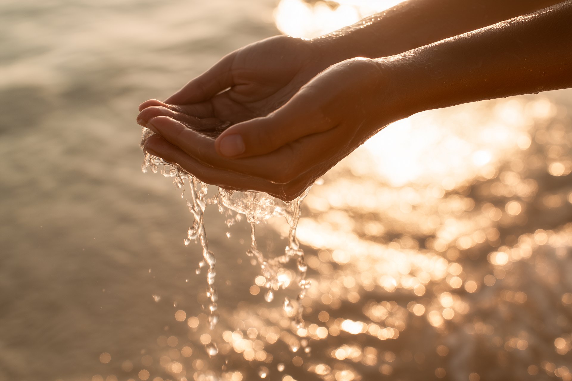 Water slips through hands