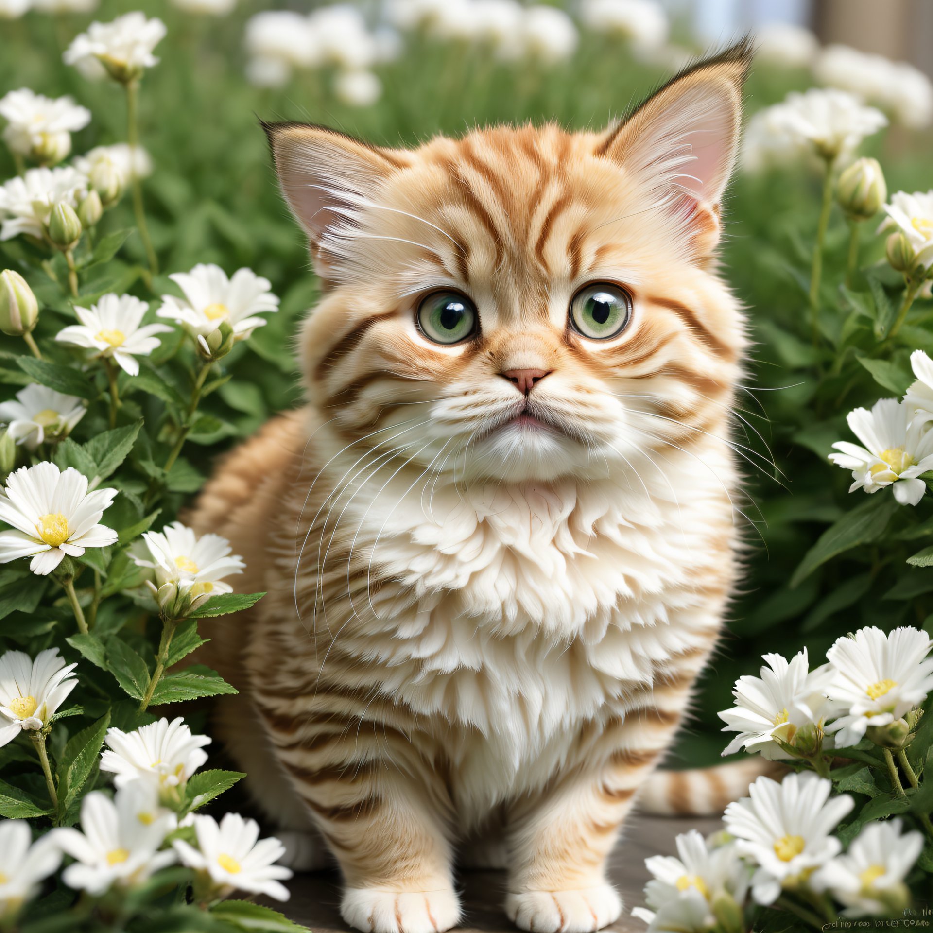 A kitten in white flowers