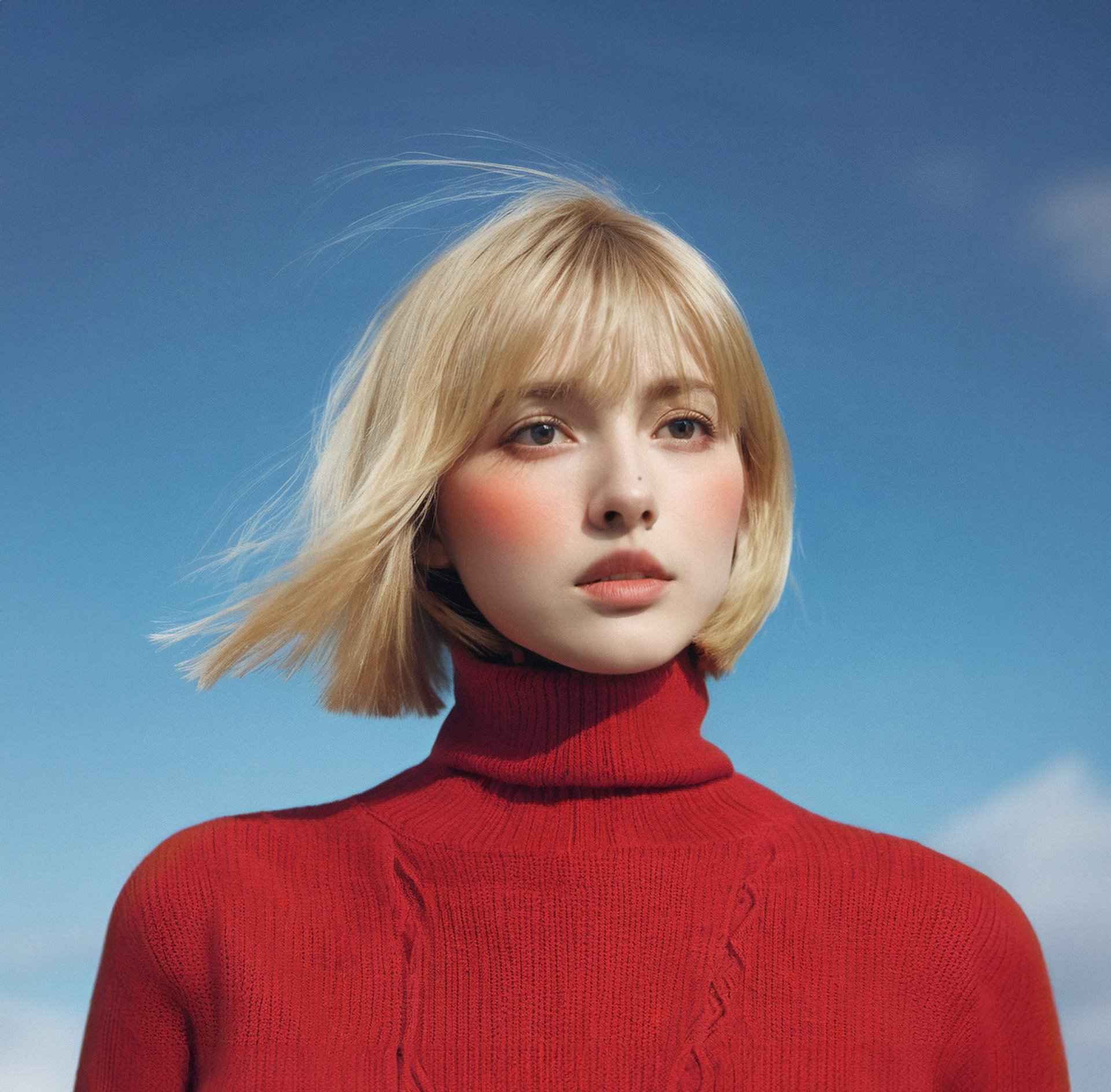 Red turtleneck knit girl