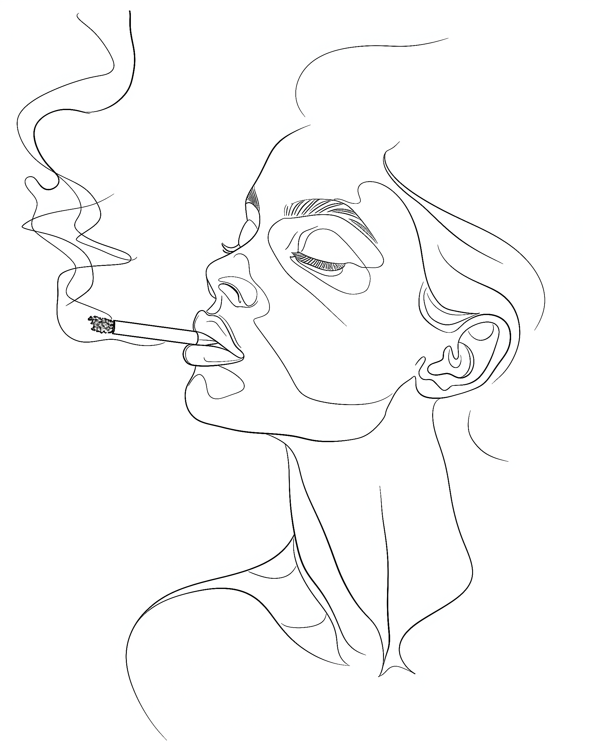 one line drawing of a smoking woman