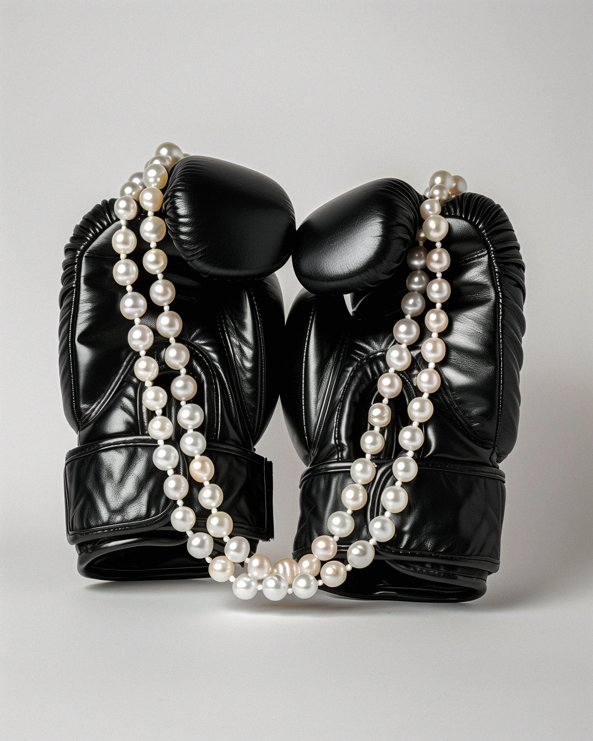 pearl necklace on the black boxing gloves