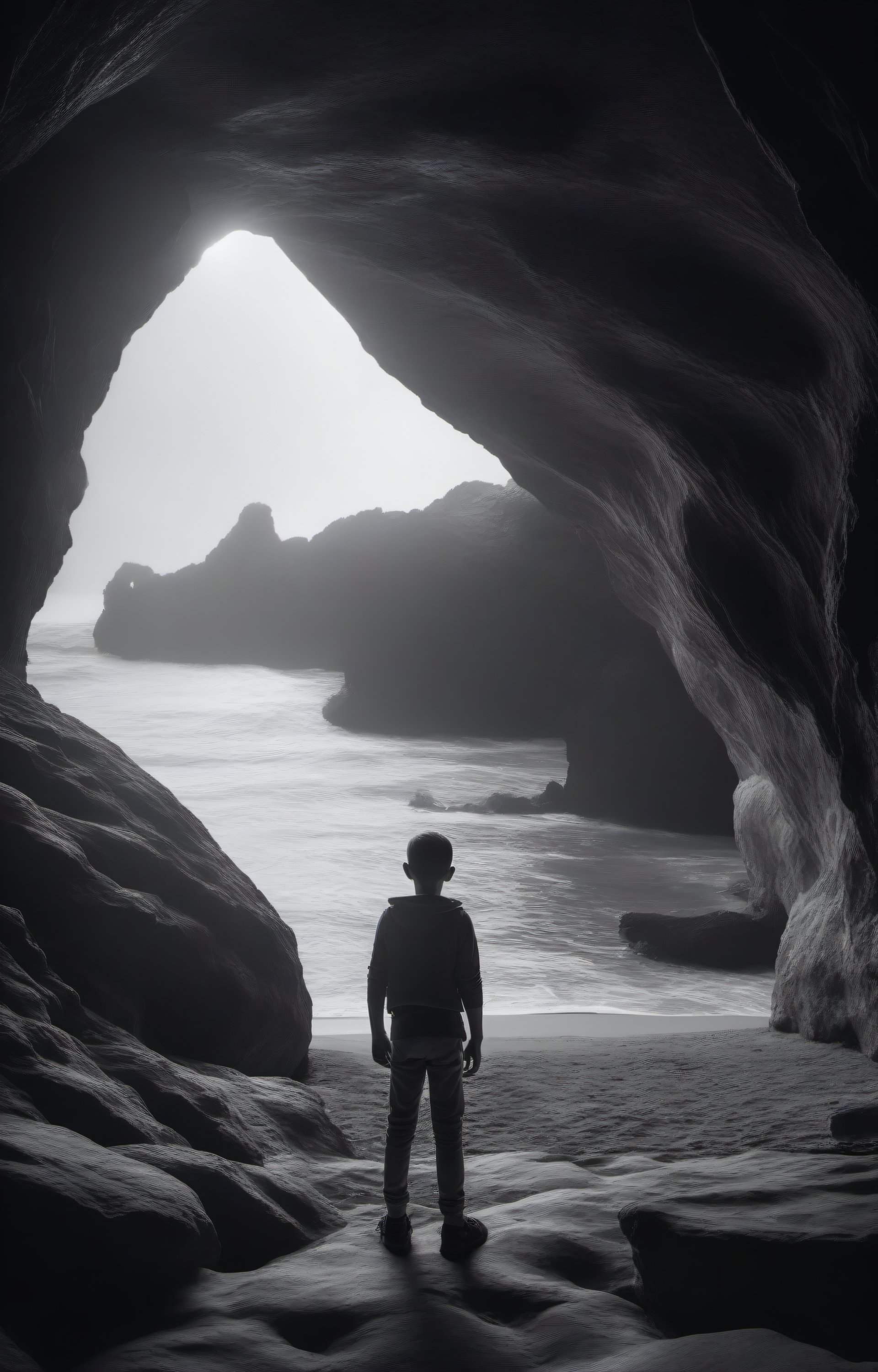 a boy stands in front of a cave