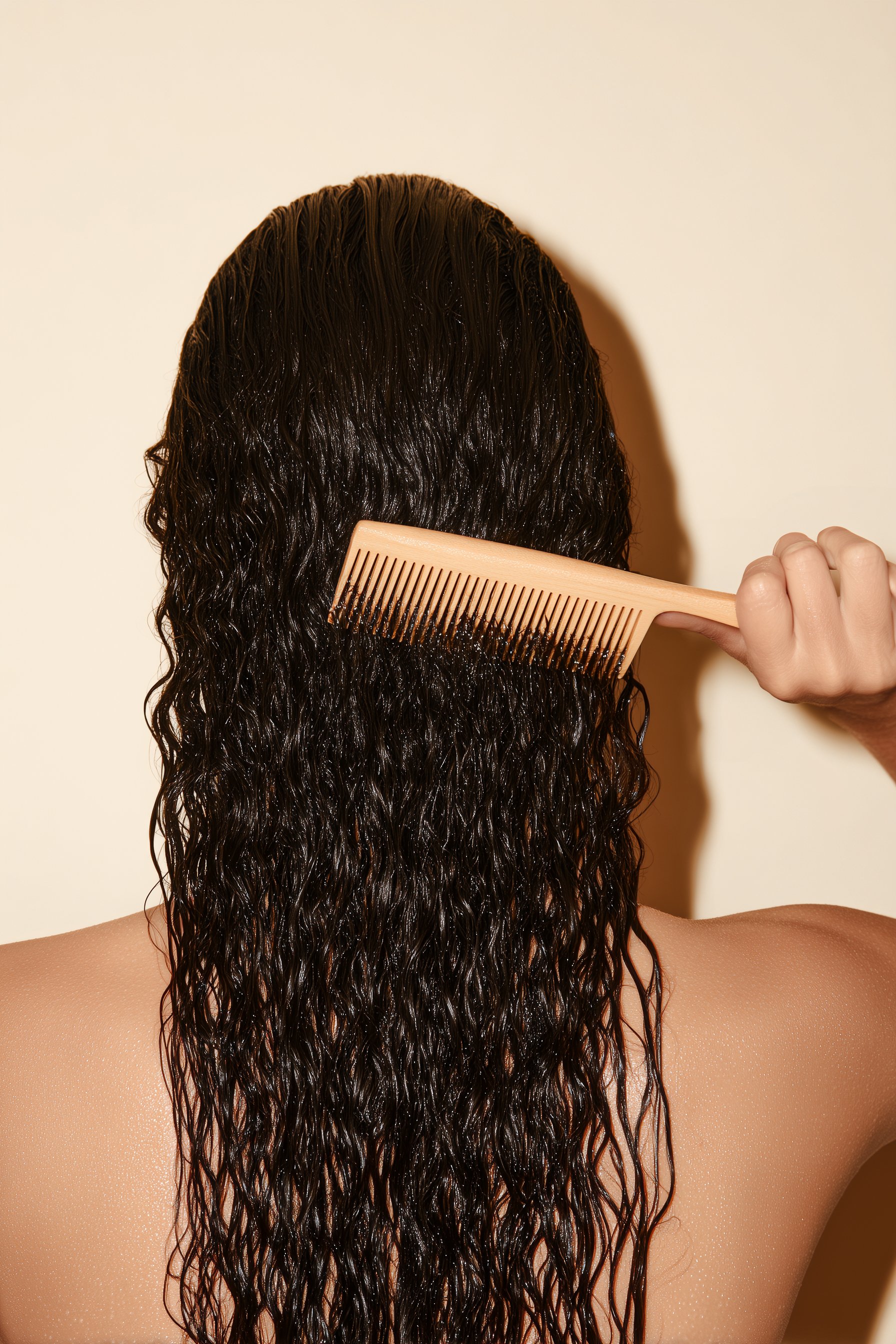 Wet hair combed back