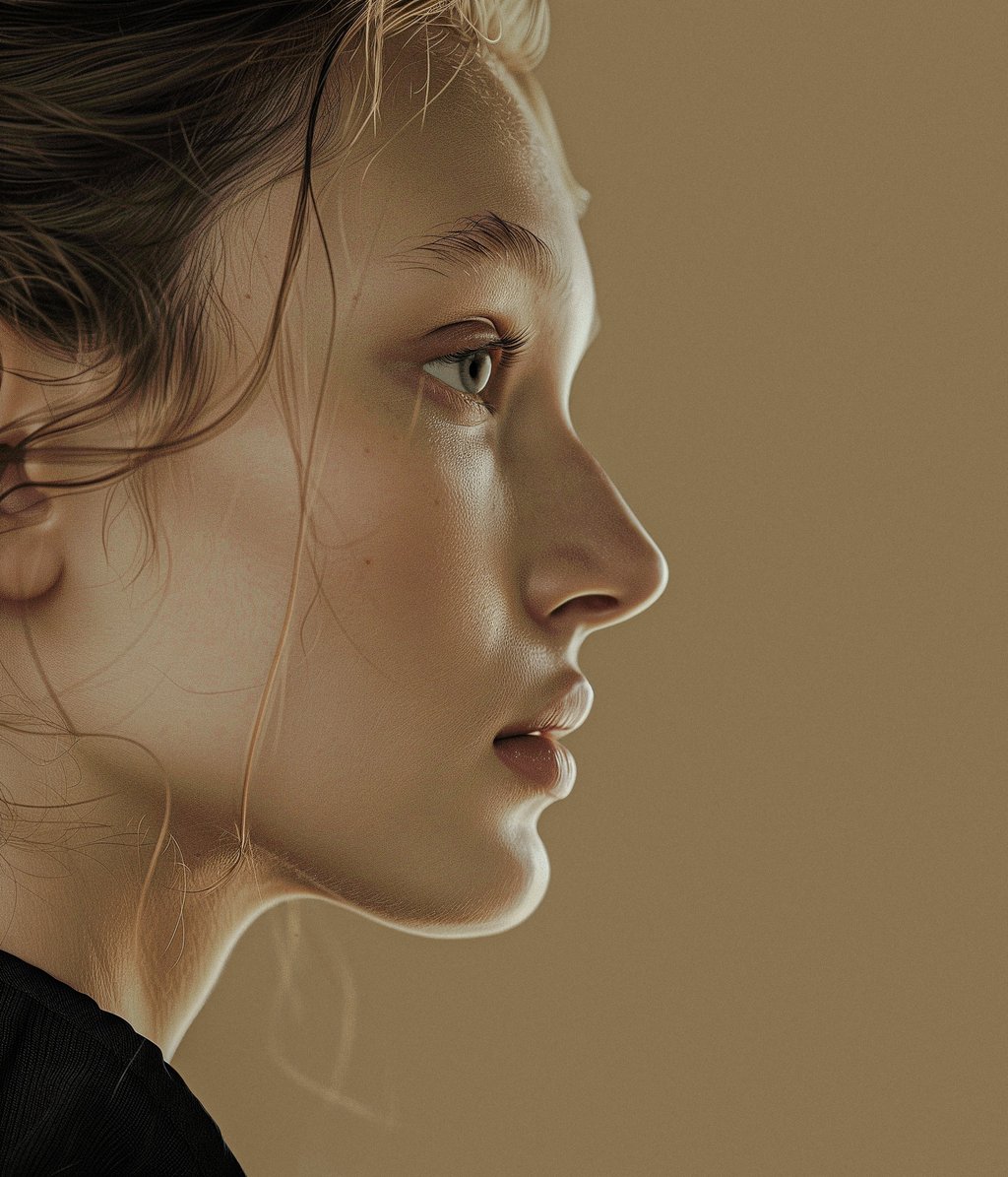 Side face — 濡れた髪と輝く肌を持つ若い女性の横顔が、落ち着いた茶色