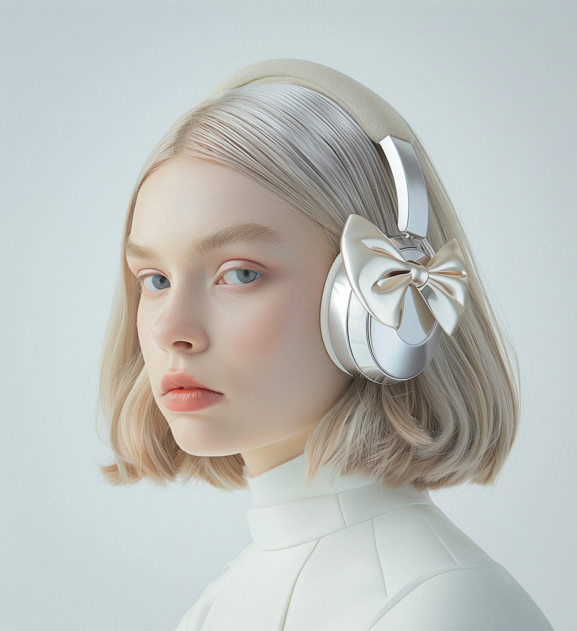 albino model wearing silver headphones with ribbons