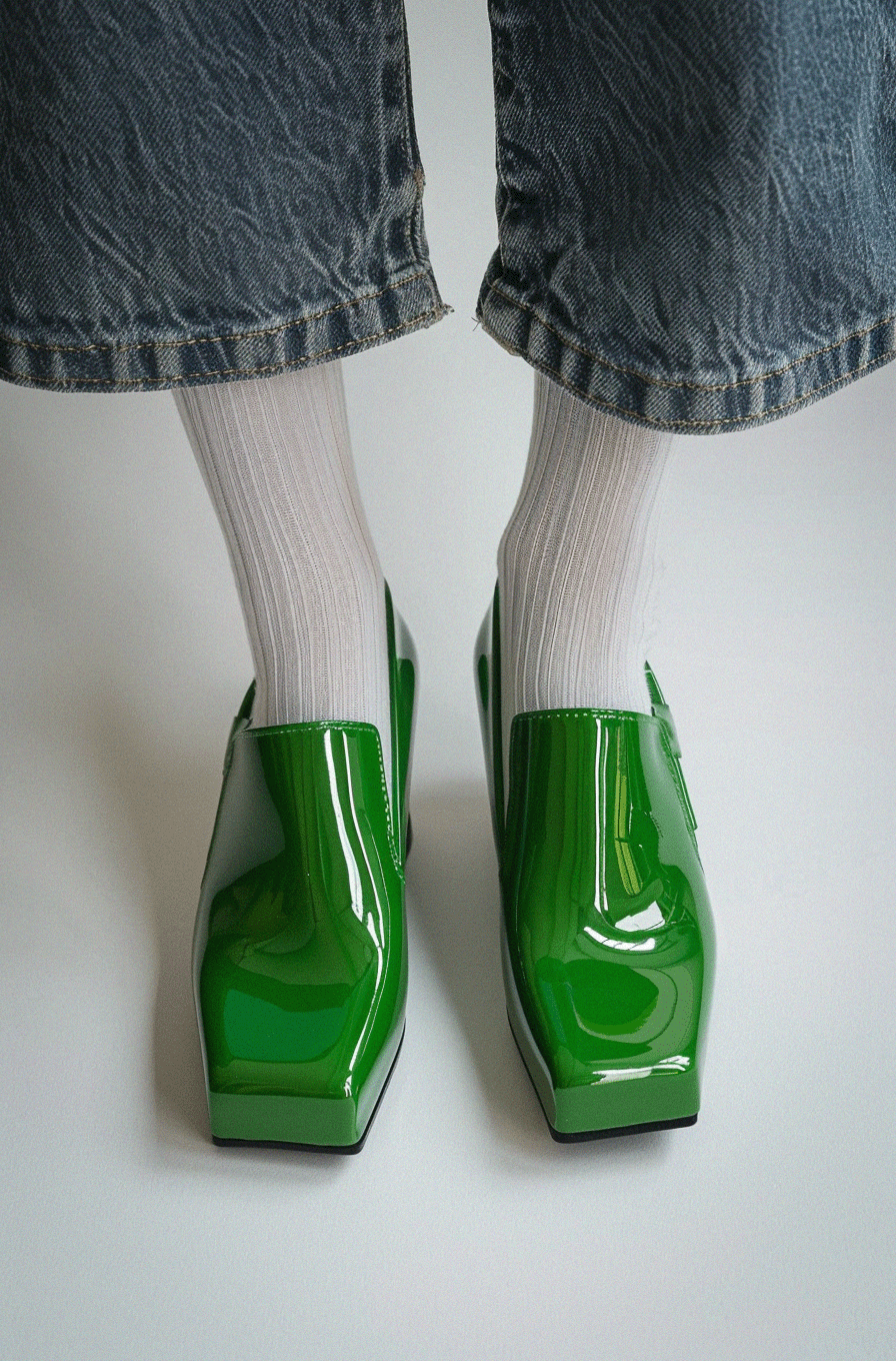 green shiny square toe high heels