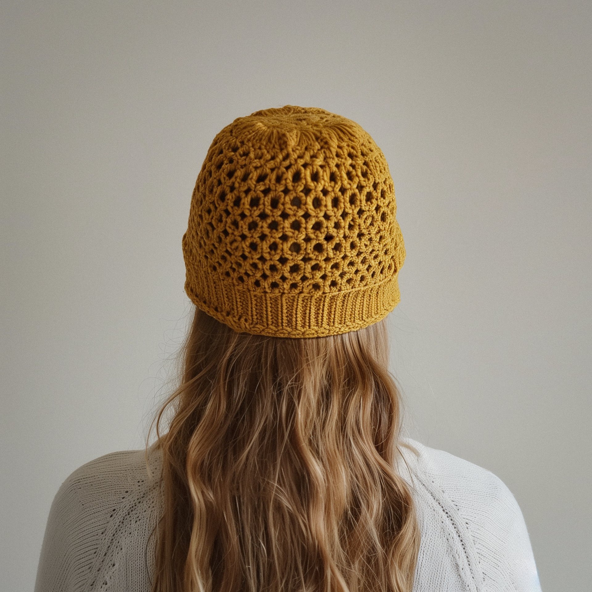 back view of a young woman wearing a yellow knitted hat