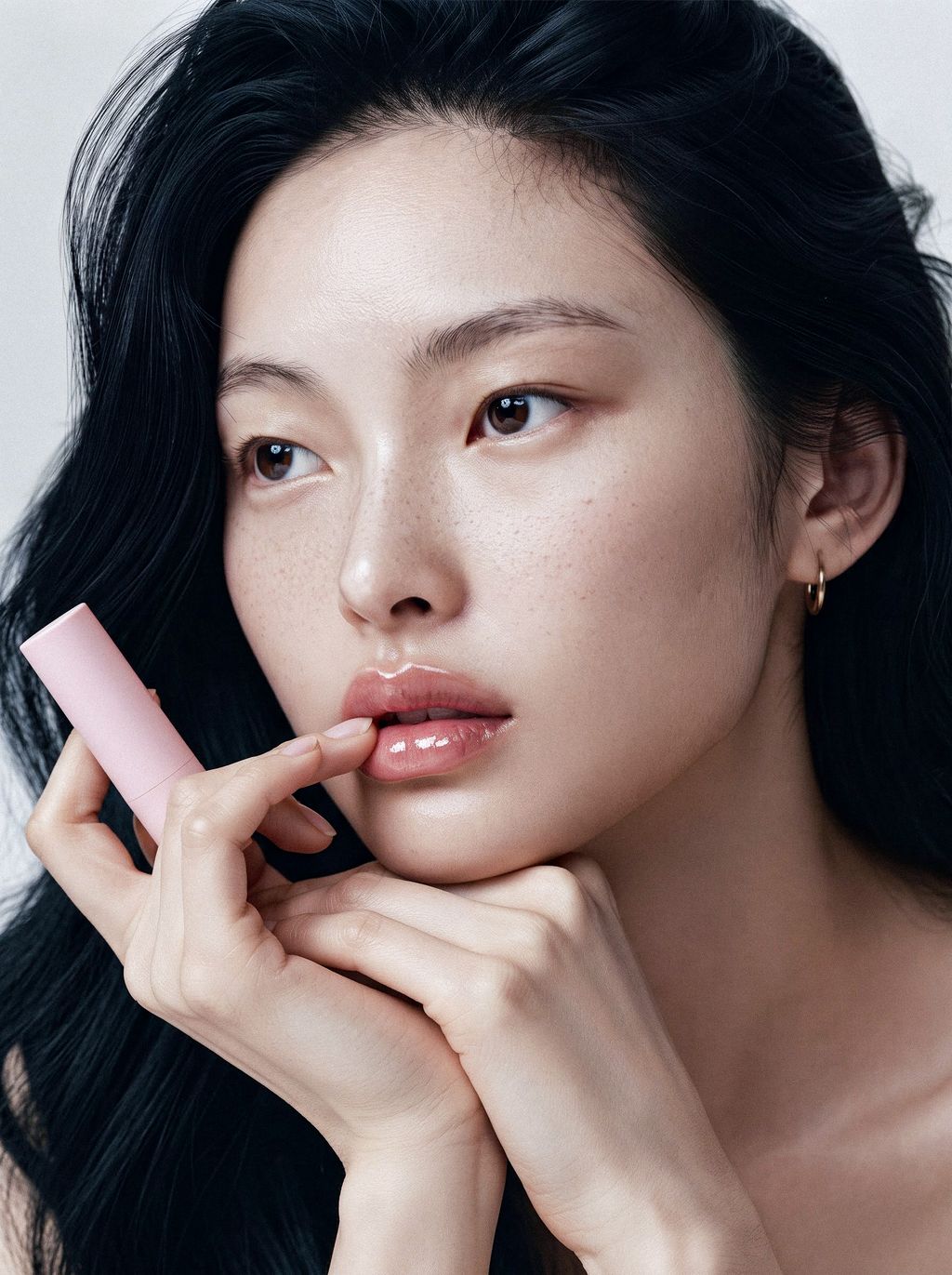 Young Asian woman with long dark hair applying pink lip balm to glossy lips, natural glowing skin.