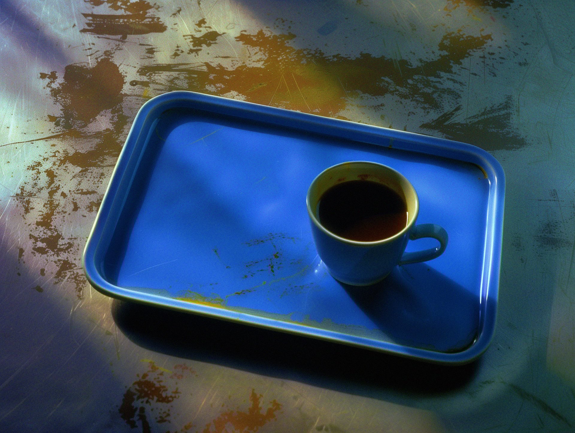A Blue Tray with a Coffee Cup