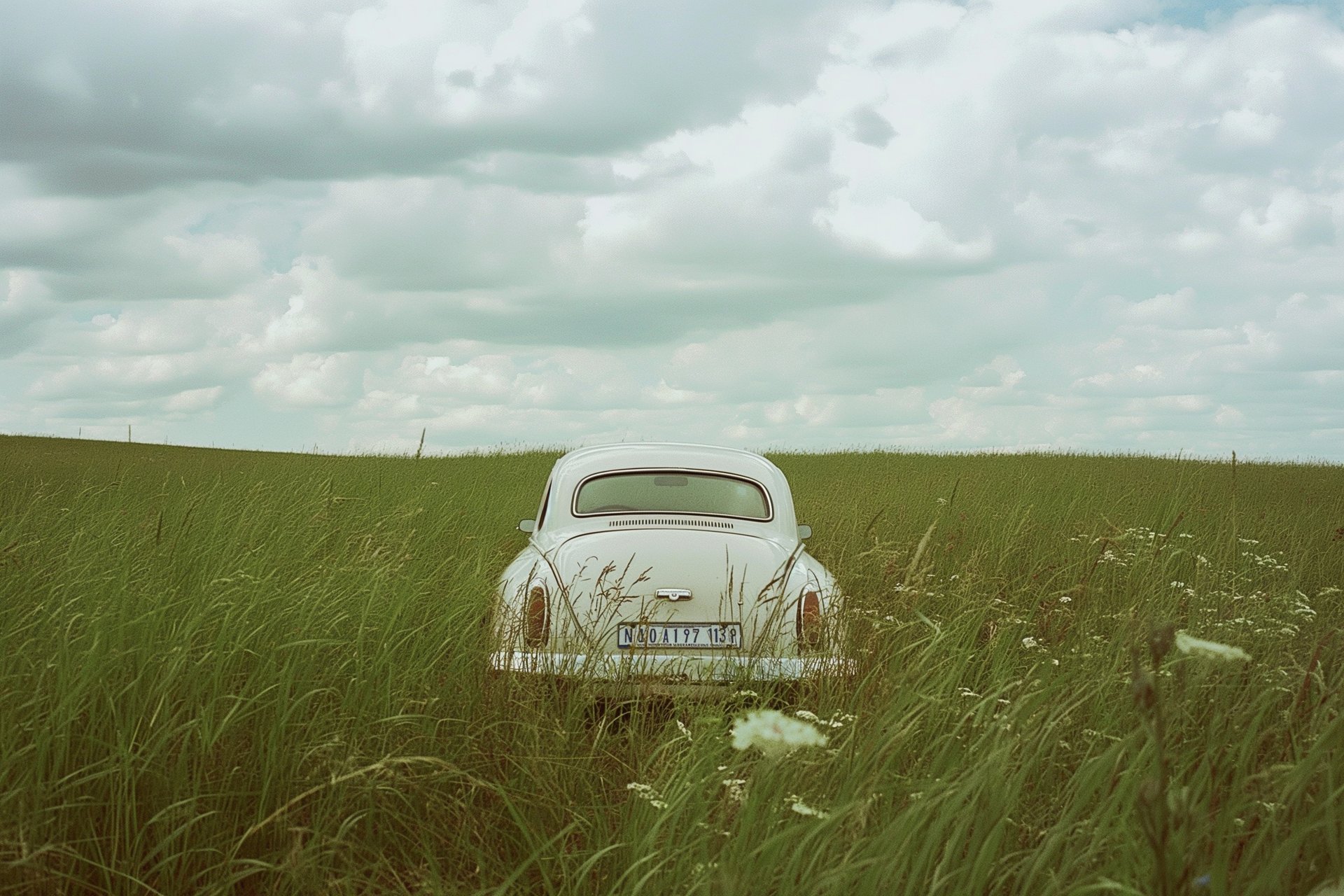 A white vintage car sits in the middle of a green grass field