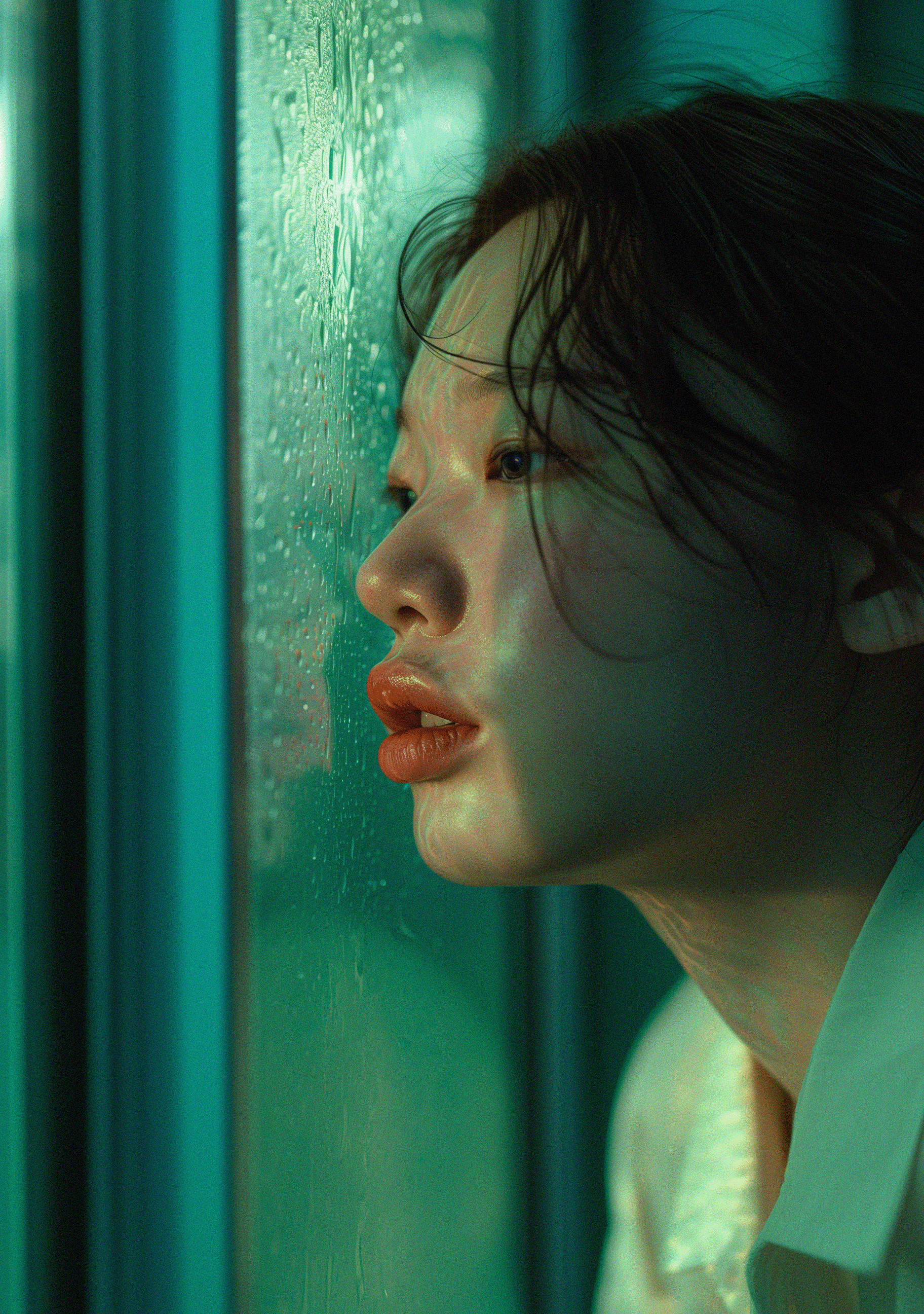 girl blowing on the window