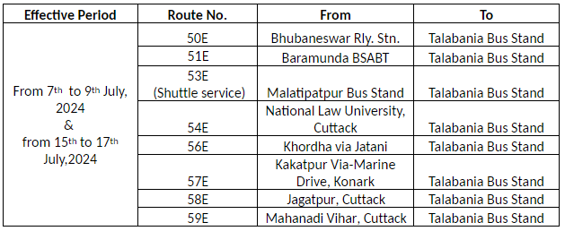 routes and dates of operations of Rath Yatra Special bus service 