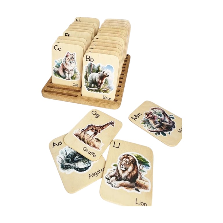 THREEWOOD Wooden Animal Flashcards With Holder - Montessori Product