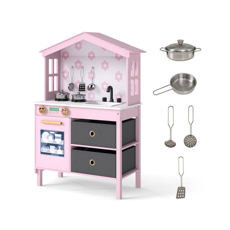 Costway Kitchen Play With 2 Stoves and Rotation Knobs Pink - Montessori Product