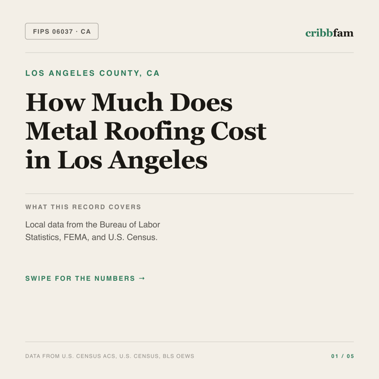 Metal Roofing cost snapshot for Los Angeles County, CA