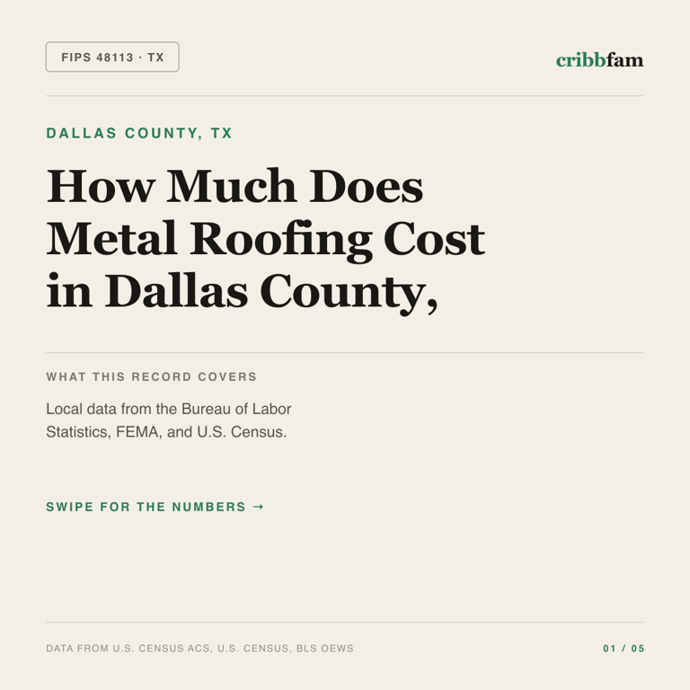Metal Roofing cost snapshot for Dallas County, TX
