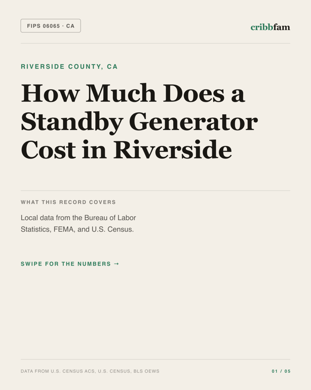 Standby Generators in Riverside County, CA — regional cost snapshot