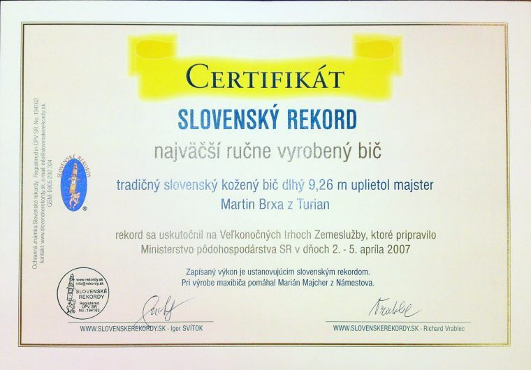 Certifikát slovenský rekord - najdlhší bič