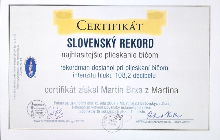 Certifikát slovenský rekord - najhlasnejší bič