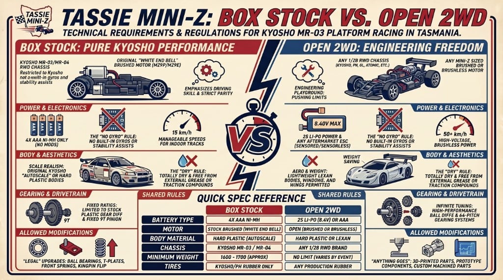 Infographic: Box Stock vs Open 2WD — technical requirements on the Kyosho MR platform in Tasmania