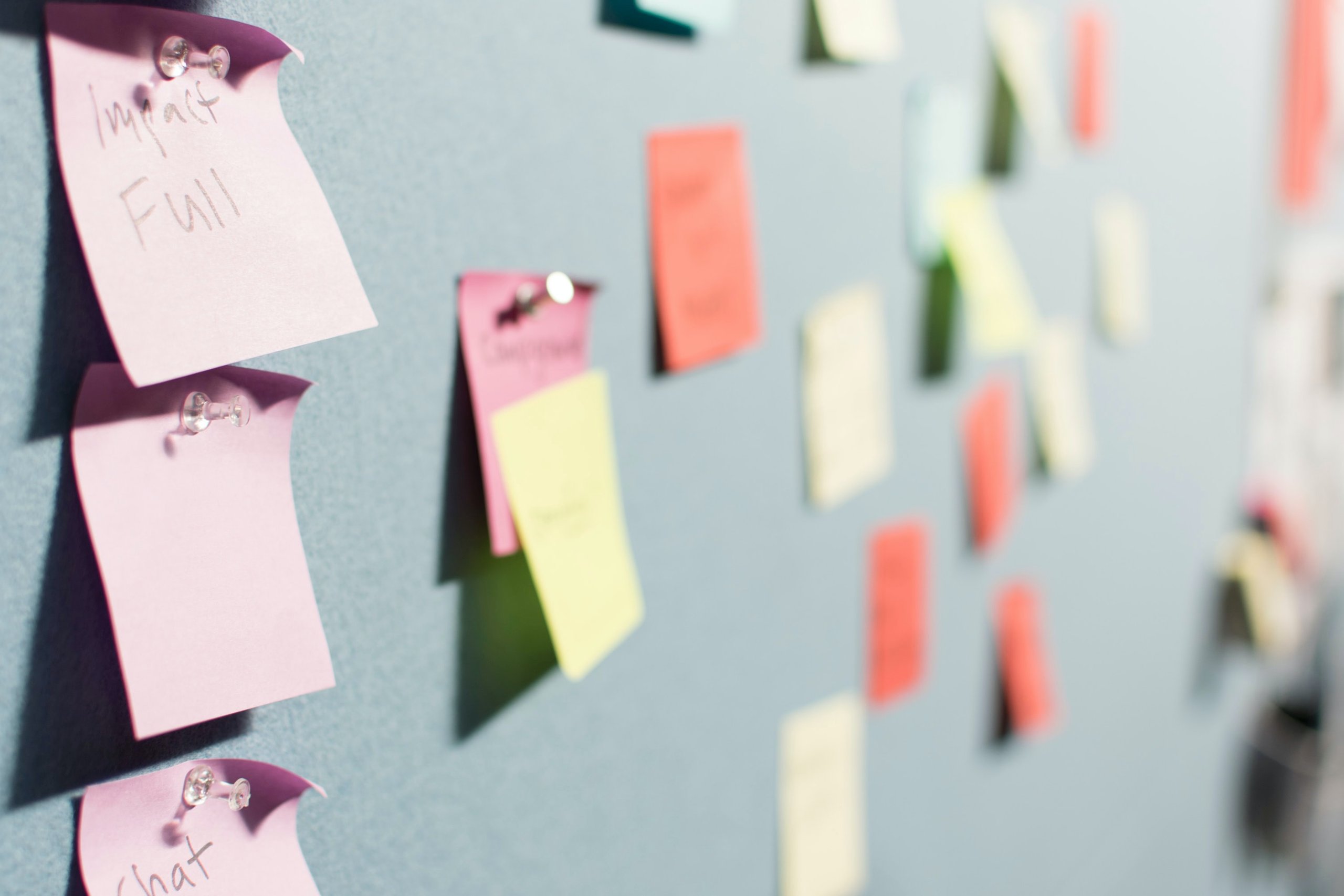 a wall covered with many coloured Post-It notes, neatly arranged in groups