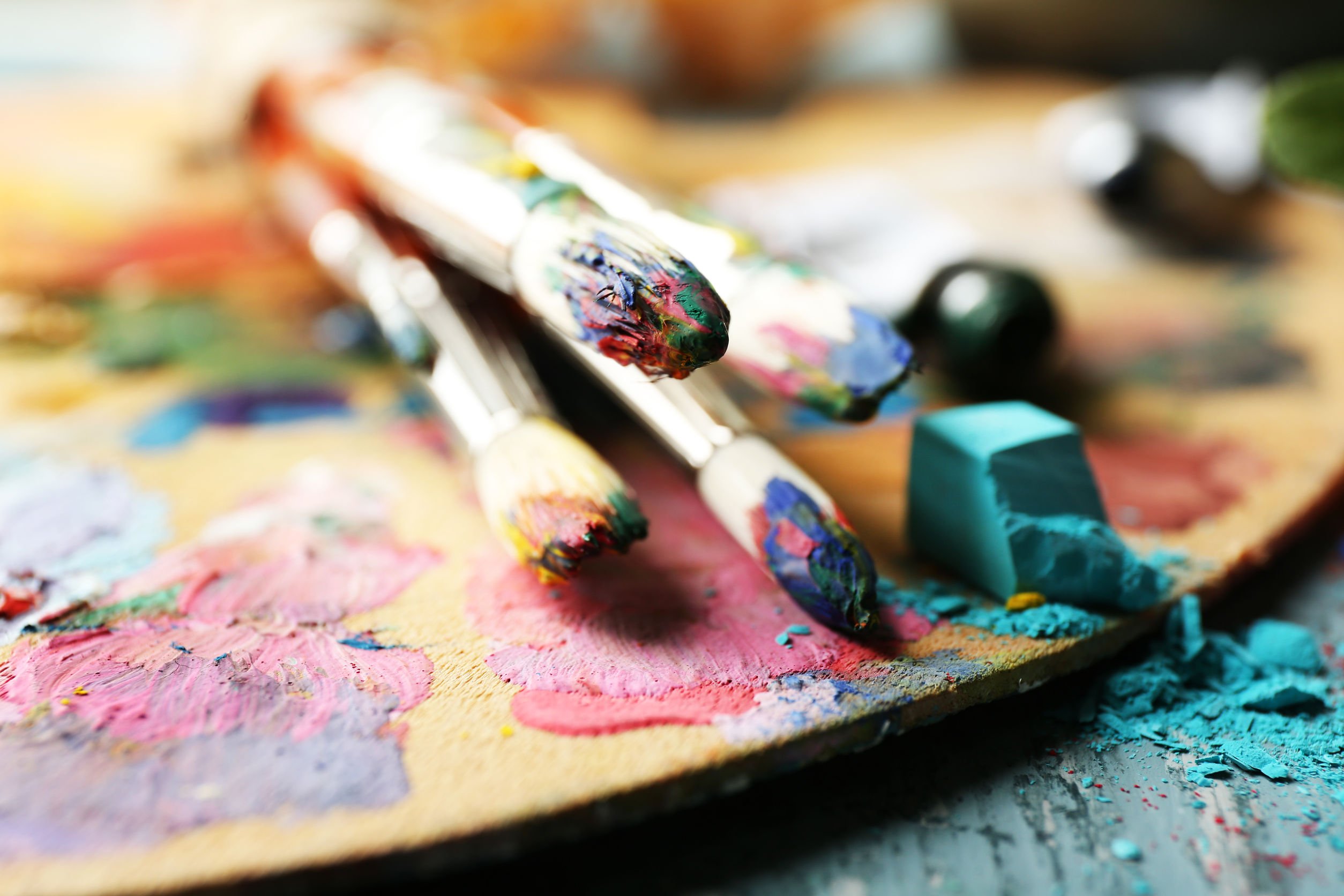 Beautiful still life with professional art materials, close up.