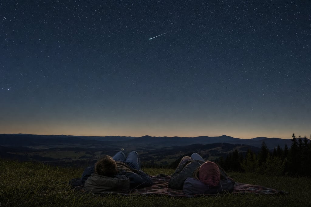 Dvojice pozoruje meteor pod hvězdnou oblohou