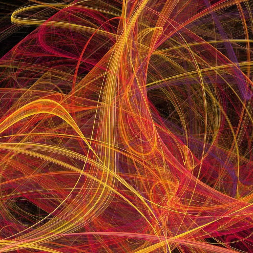 Illustration depicting superstring theory - red, yellow, orange and purple wavy lines cross over each other.
