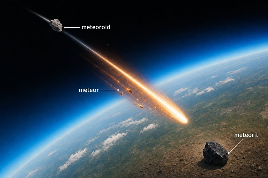 Diagram ukazuje meteoroid ve vesmíru, zářící meteor v atmosféře a meteorit dopadající na povrch Země.