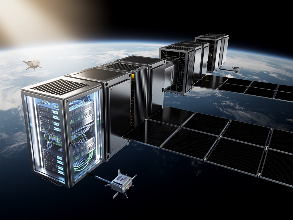 Schéma laserových optických spojů mezi satelity pro rychlou meziorbitální konektivitu