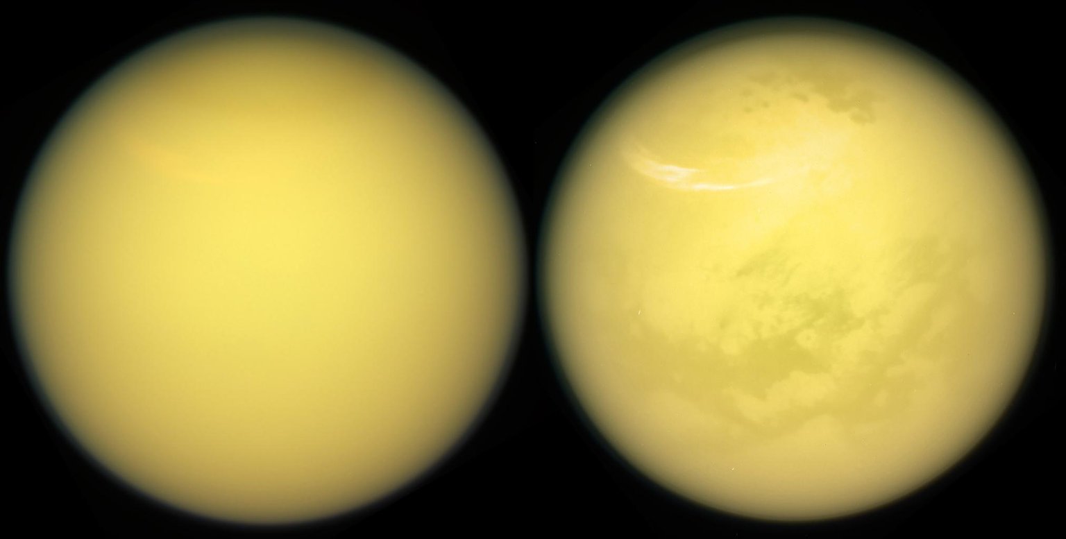 Dva pohledy Cassini na stejný Titan v odlišném barevném podání