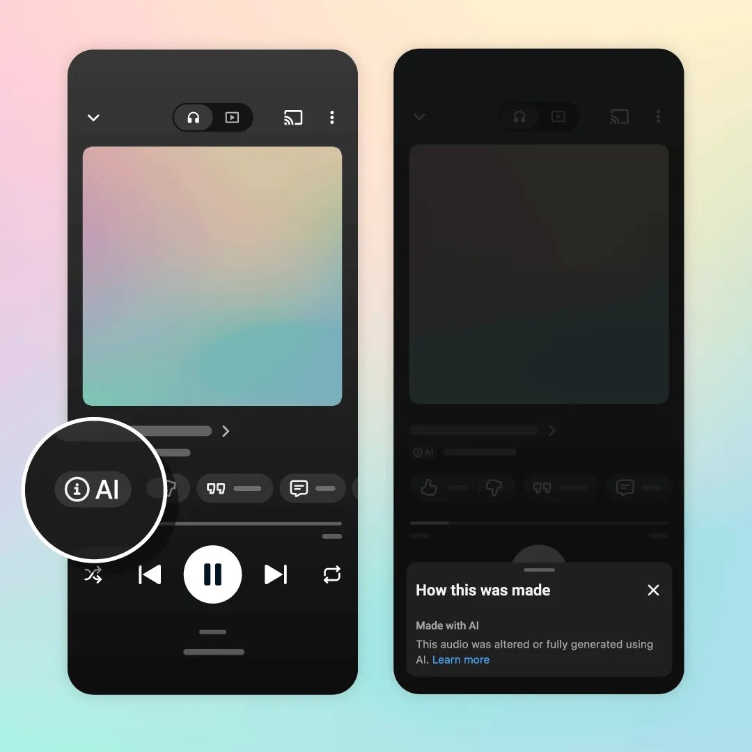 Oficiální náhled YouTube Music se štítkem AI a otevřeným panelem Made with AI