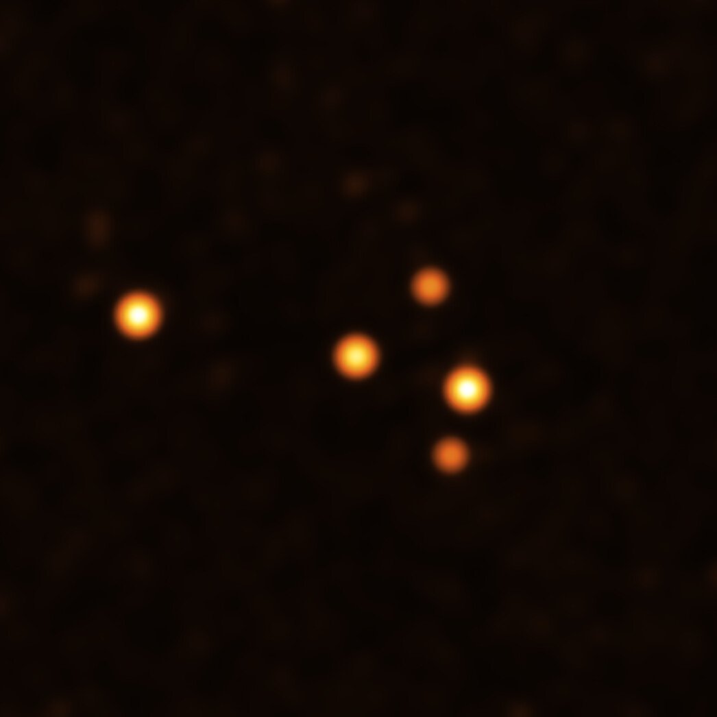 Infračervený snímek hvězd v těsném okolí Sagittarius A* pořízený přístrojem GRAVITY.