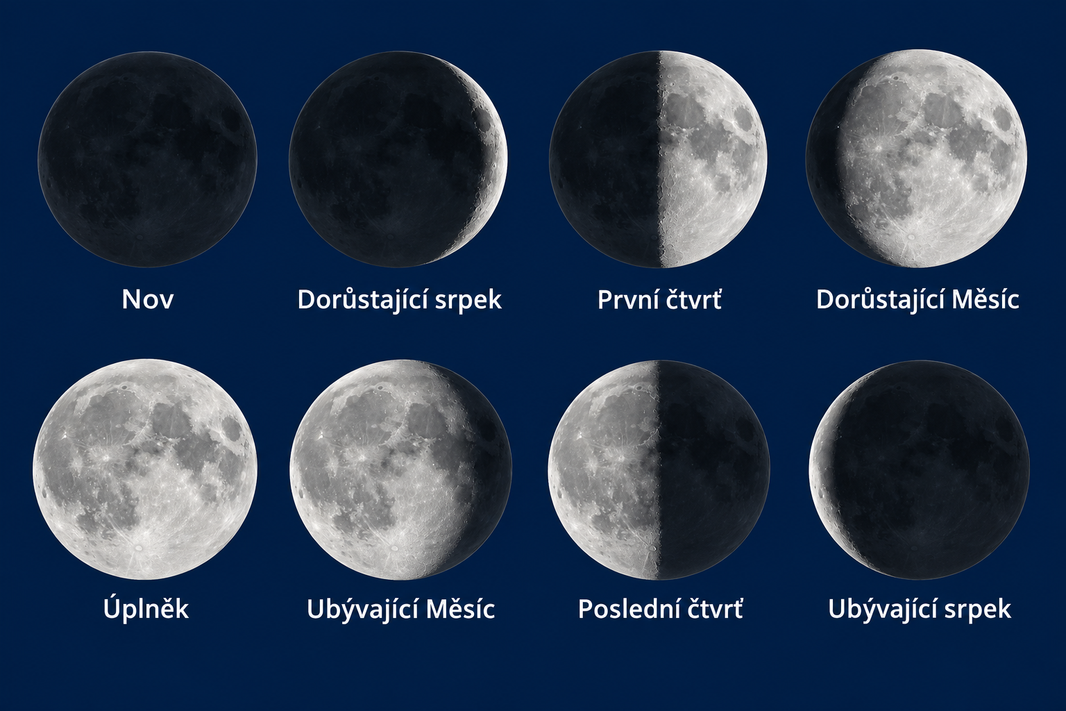 Osm fází Měsíce od novu přes úplněk k ubývajícímu srpku, seřazených ve dvou řadách.