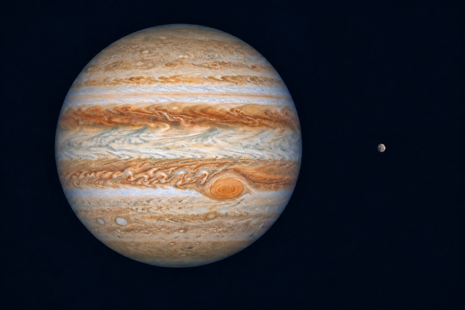 Jupiter a drobný Merkur v ilustraci porovnávající jejich průměry ve společném měřítku