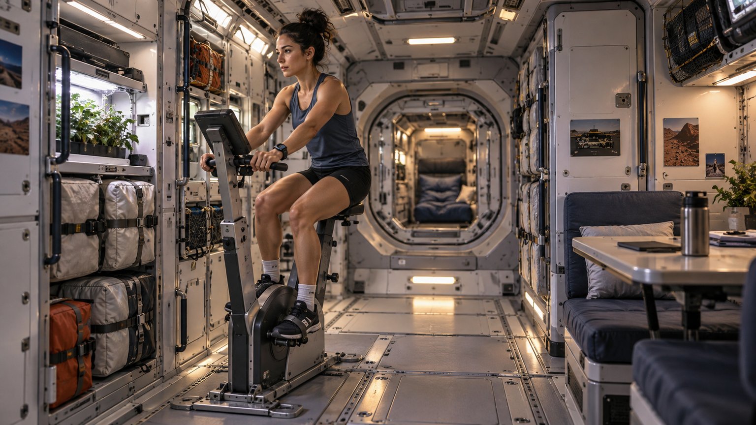Koncepční ilustrace astronautky cvičící v obytném modulu meziplanetární lodi