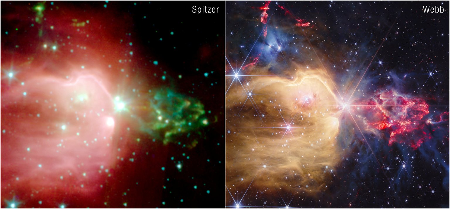 Oficiální srovnání NGC 7129 ze Spitzeru vlevo a Webbu vpravo