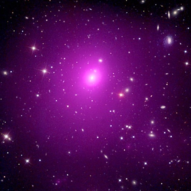 Galaxie v kupě Abell 85 s fialově zobrazeným rentgenovým zářením horkého plynu.