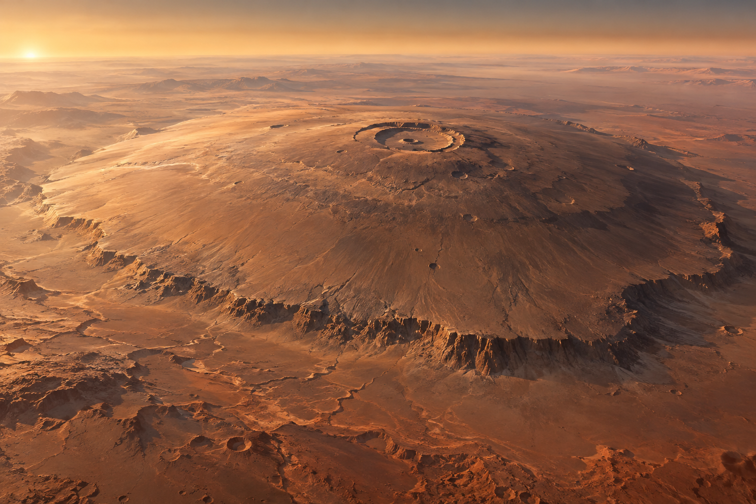 Ilustrace širokého sopečného štítu Olympus Mons s vrcholovou kalderou při nízkém slunci.