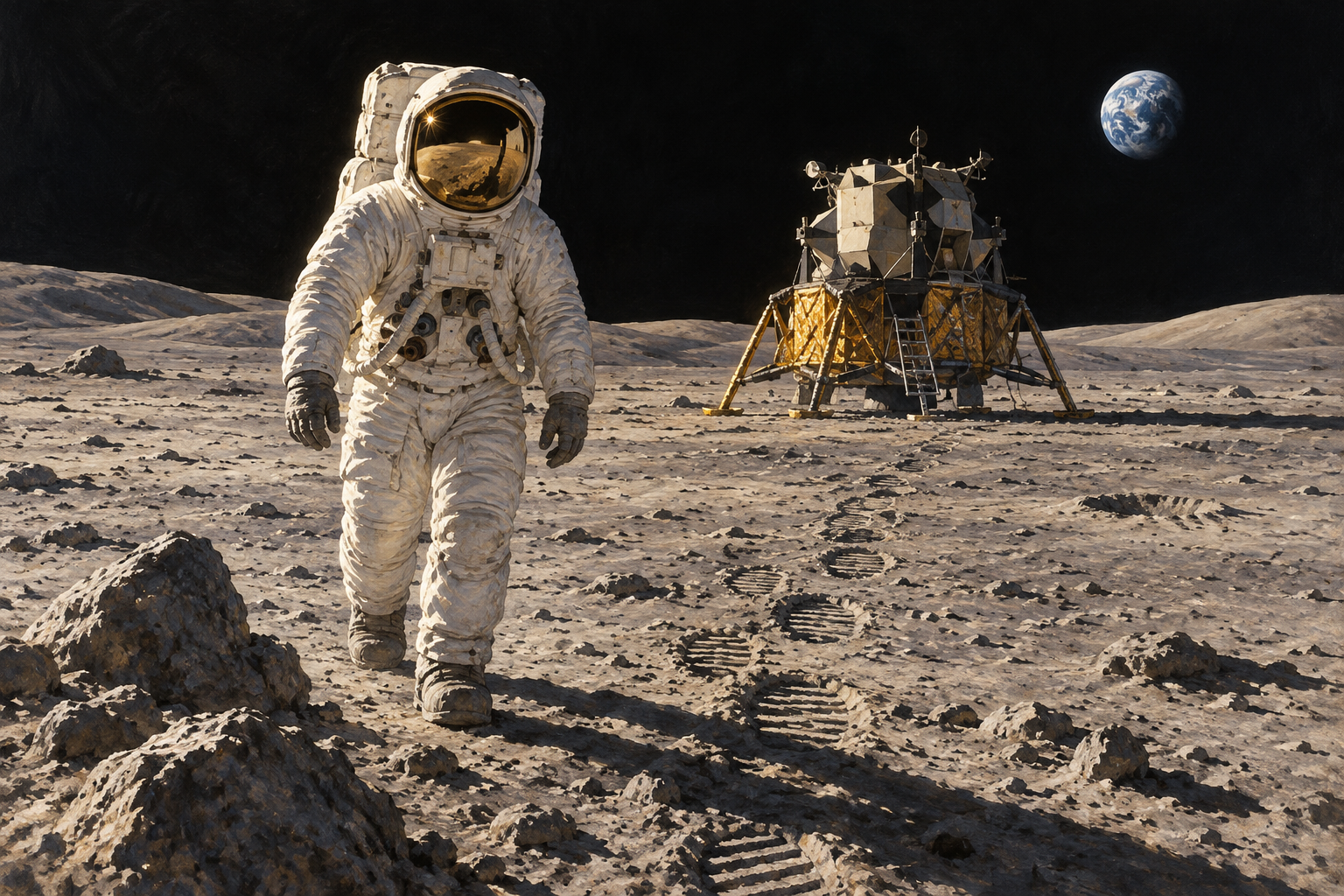 Ilustrace astronauta na měsíční pláni s lunárním modulem, stopami v prachu a Zemí na obloze.