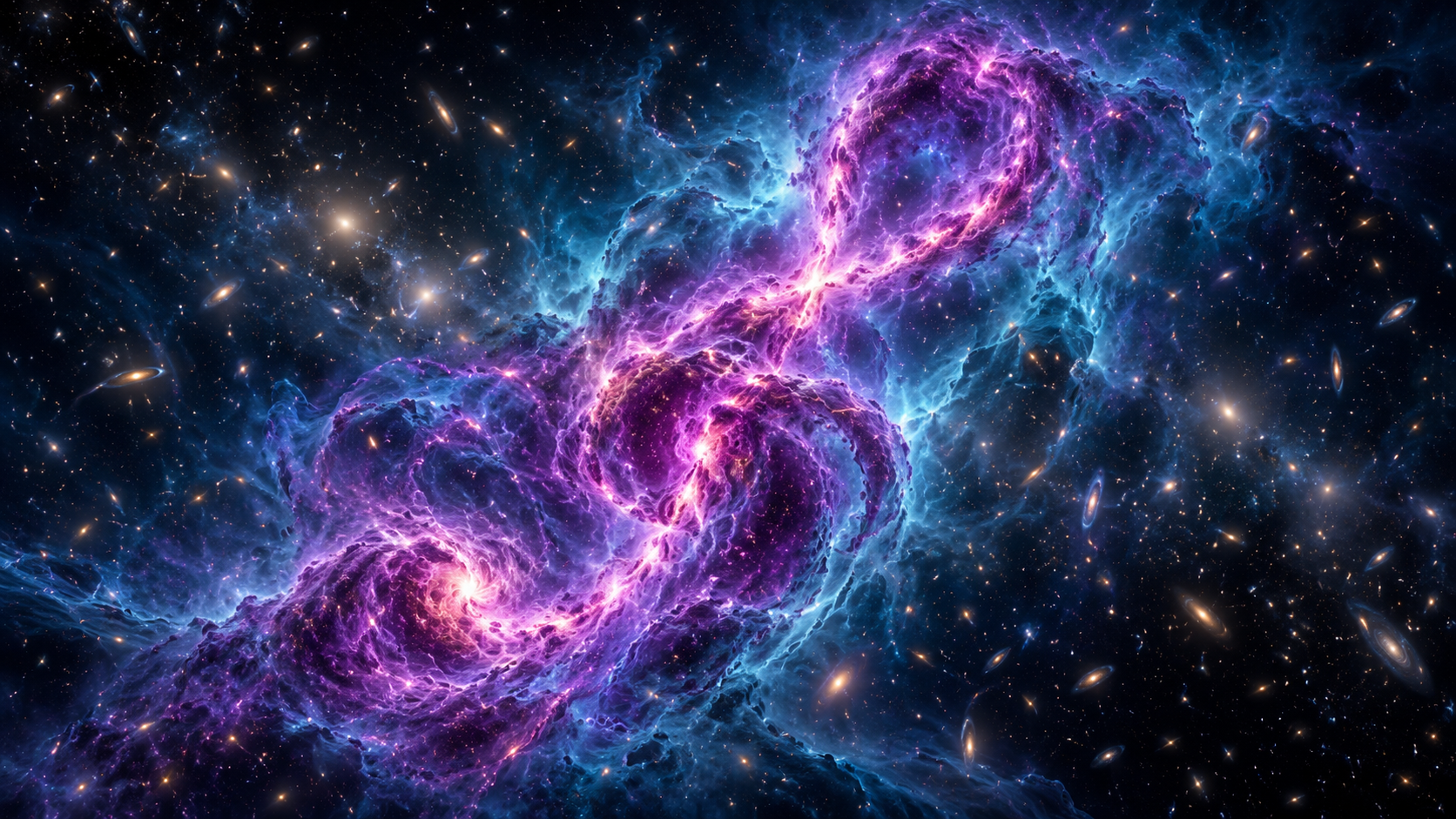 Umělecká představa růžovofialových vláken plazmatu připomínajících houslový klíč mezi vzdálenými galaxiemi