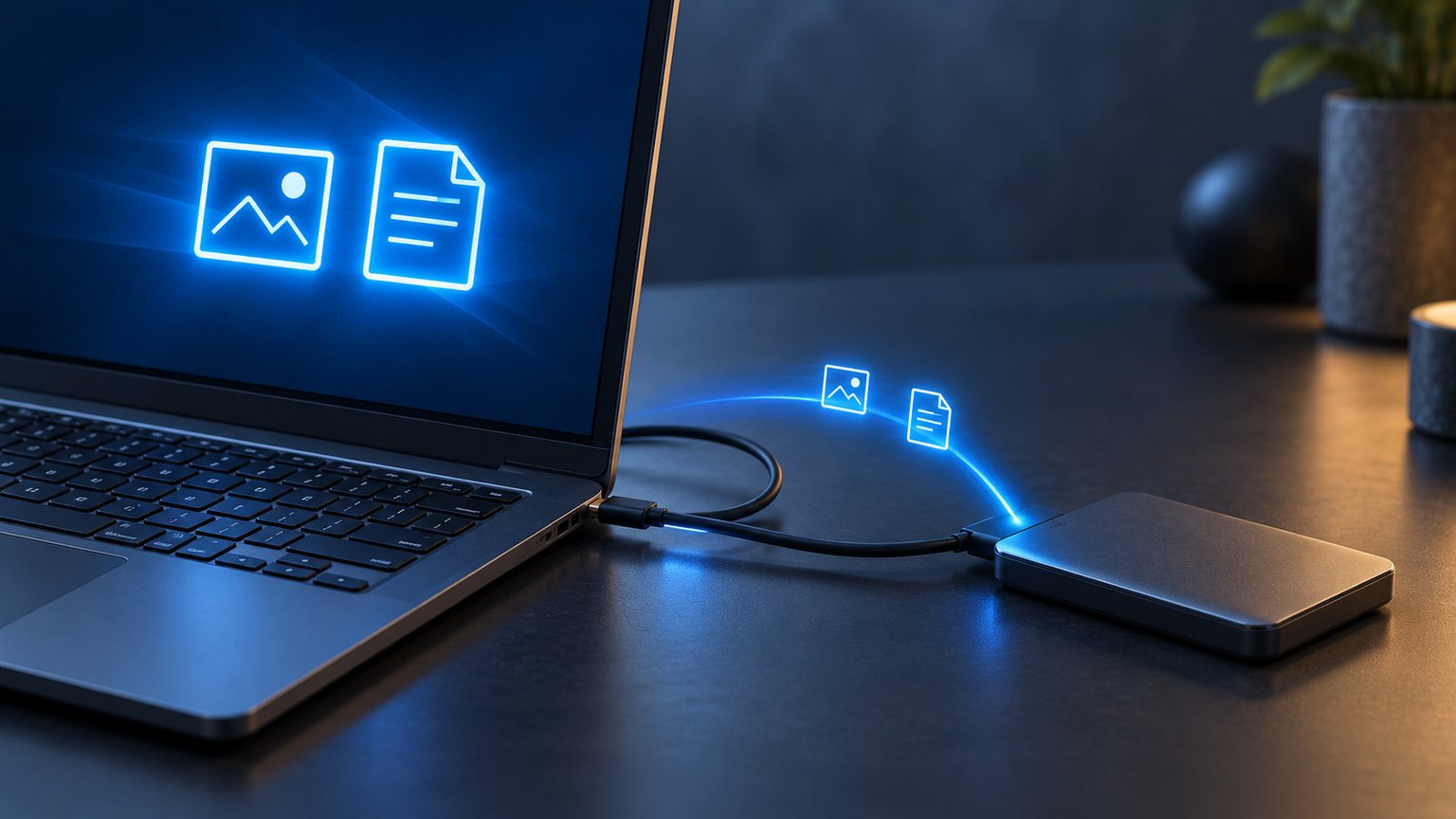 Notebook připojený k externímu SSD se symboly kopírovaných fotografií a dokumentů